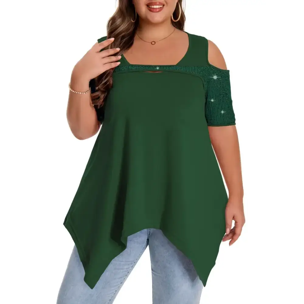Elegant Plus Size Sequin Detail T-Shirt in solid green, featuring a crew neck and medium stretch knit fabric.