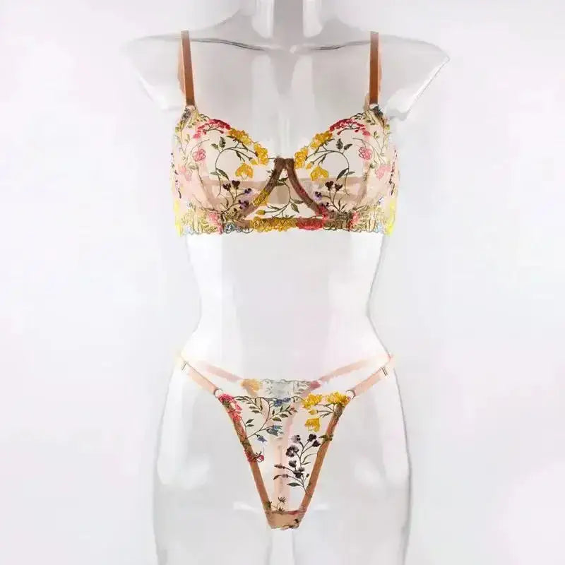 Floral Embroidery Lingerie Set Women Sheer 2 - Piece Boho Bra + Panty Underwear Set Intimates - The Lady's Haven