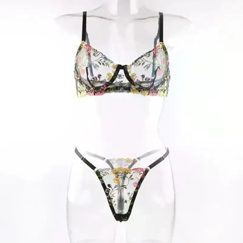 Floral Embroidery Lingerie Set Women Sheer 2 - Piece Boho Bra + Panty Underwear Set Intimates - The Lady's Haven