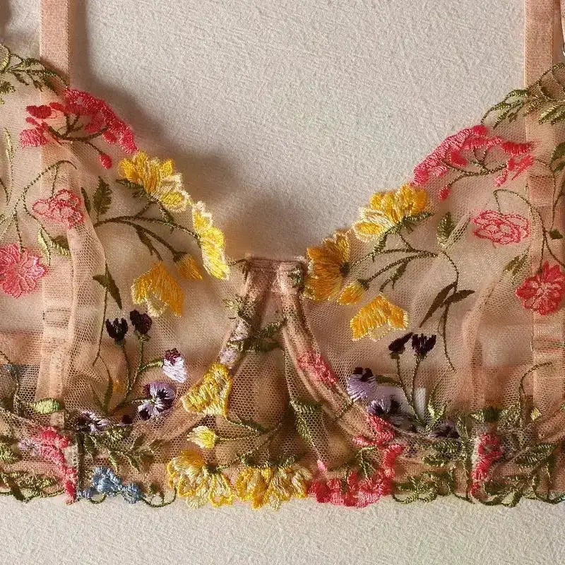 Floral Embroidery Lingerie Set Women Sheer 2 - Piece Boho Bra + Panty Underwear Set Intimates - The Lady's Haven