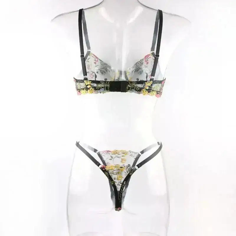 Floral Embroidery Lingerie Set Women Sheer 2 - Piece Boho Bra + Panty Underwear Set Intimates - The Lady's Haven