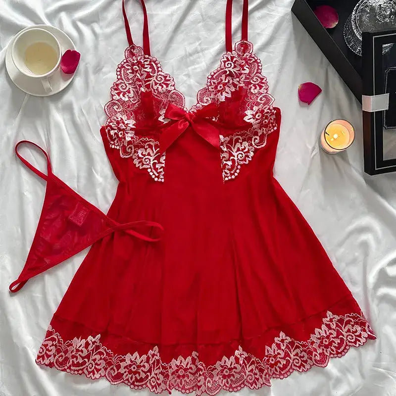 Lace Tulle Nightgown Transparent Homewear Red Sexy Clothing Night Dress V-Neck Delicate Bra Erotic Set With Thong Plus