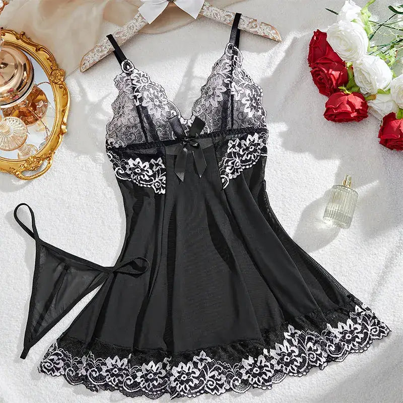 Lace Tulle Nightgown Transparent Homewear Red Sexy Clothing Night Dress V-Neck Delicate Bra Erotic Set With Thong Plus
