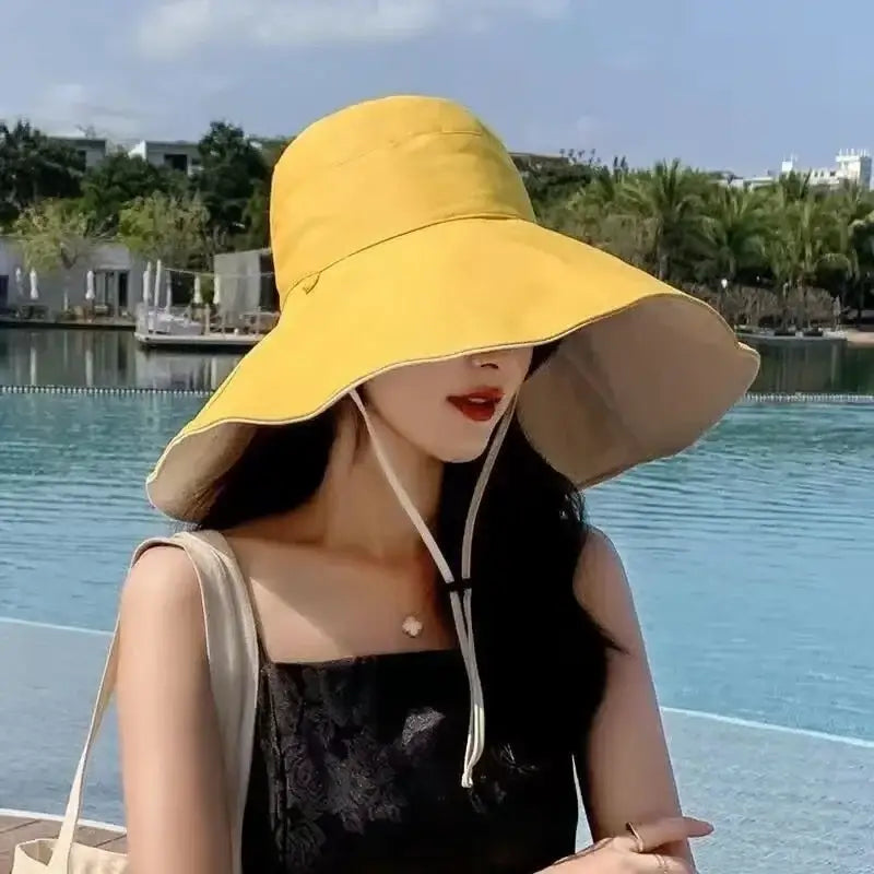 Wide Brim UPF 50 + Sun Hat Women Anti-UV Protection Hiking Fisherman Cap Fold Summer Solid Beach Hat 2024 Double sided