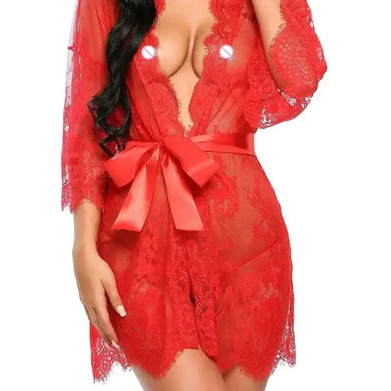 Women's Sexy Lace Nightdress Women's Bow Lingerie Pajamas Set Babydoll Costumes Erotic Hot Dresses Exotic Pajamas Sex Sleepwear - The Lady's Haven