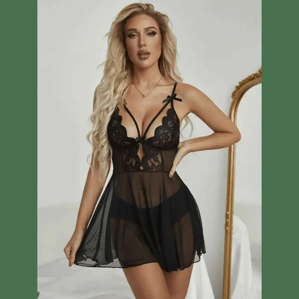 Women's Sexy Lace Nightdress Women's Bow Lingerie Pajamas Set Babydoll Costumes Erotic Hot Dresses Exotic Pajamas Sex Sleepwear - The Lady's Haven