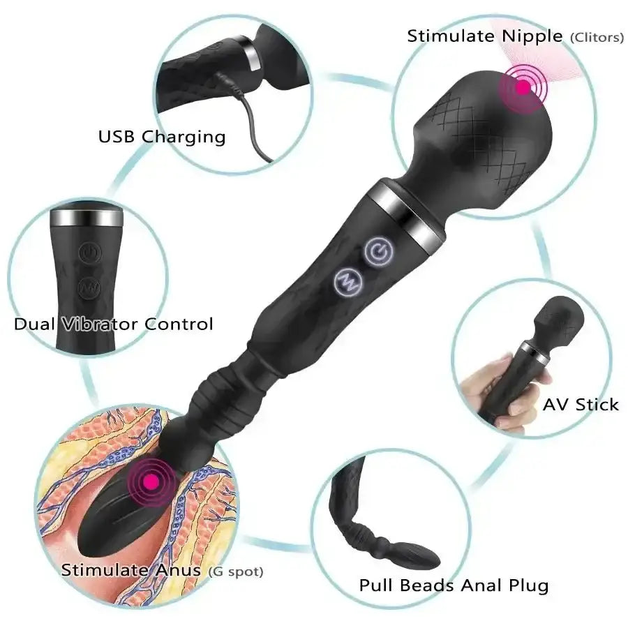 AV Magic Wand Anal Plug Double - ended Vibrators Women G - spot Clit Stimulator Men Butt Plug Masturbator Sex Toys for Couples - The Lady's Haven