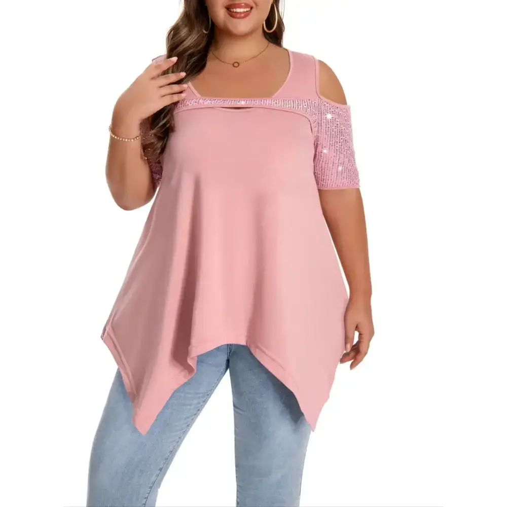 Stylish Elegant Plus Size Sequin Detail T-Shirt in pink, featuring a crew neck and medium stretch knit fabric.