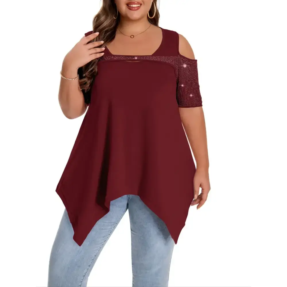 Elegant Plus Size Sequin Detail T-Shirt in burgundy, featuring a crew neck, medium stretch knit, perfect for casual wear.