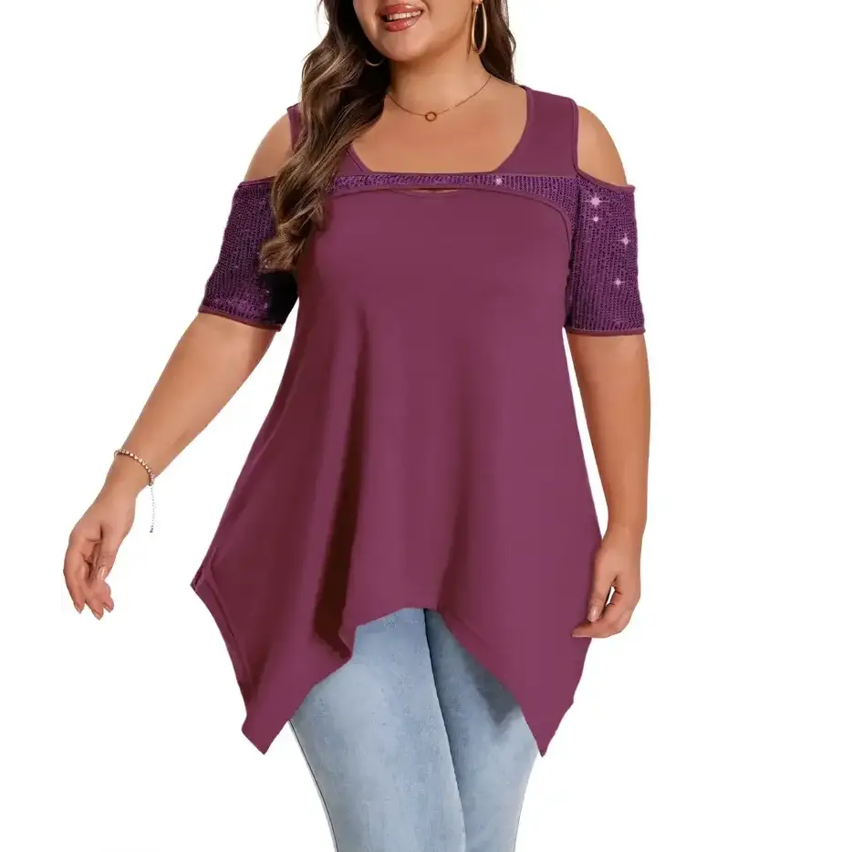 Stylish woman models the Elegant Plus Size Sequin Detail T-Shirt, featuring a crew neck and medium stretch fabric.