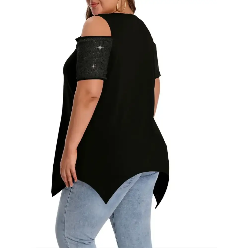 Stylish Elegant Plus Size Sequin Detail T-Shirt features a crew neck and medium stretch knit fabric, perfect for casual wear.