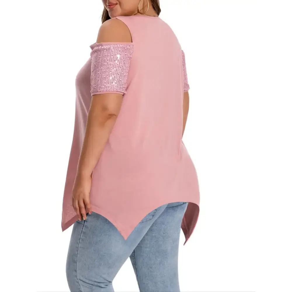 Stylish Elegant Plus Size Sequin Detail T-Shirt in pink, featuring a crew neck and medium stretch knit fabric for comfort.