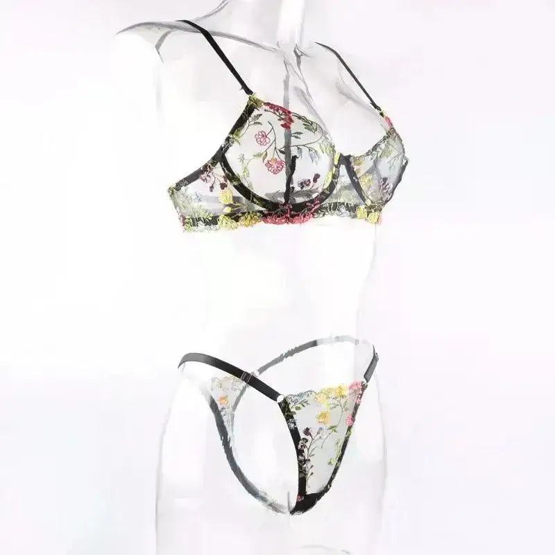 Floral Embroidery Lingerie Set Women Sheer 2 - Piece Boho Bra + Panty Underwear Set Intimates - The Lady's Haven