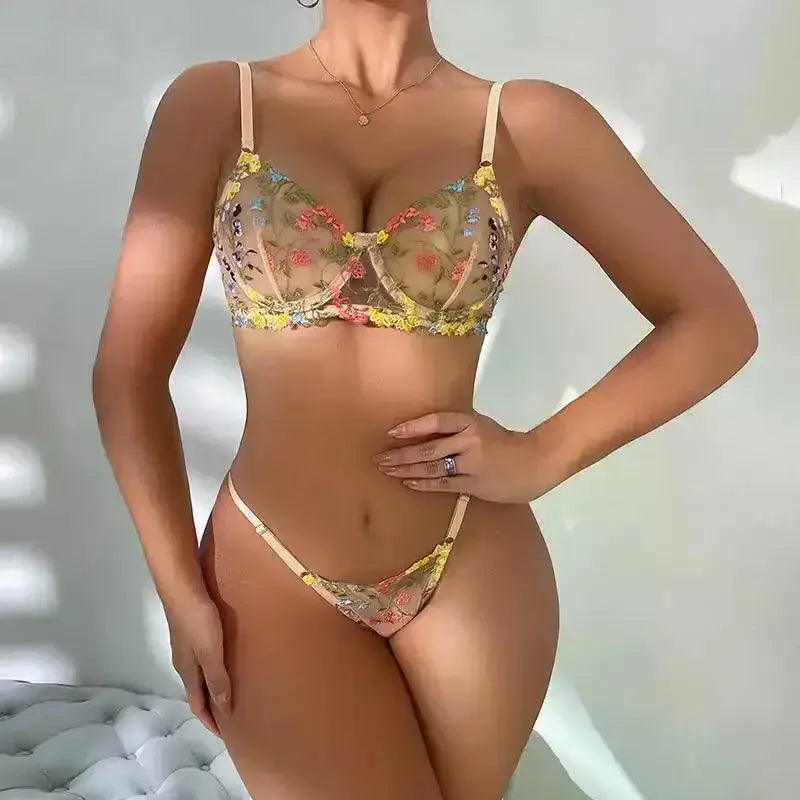 Floral Embroidery Lingerie Set Women Sheer 2 - Piece Boho Bra + Panty Underwear Set Intimates - The Lady's Haven
