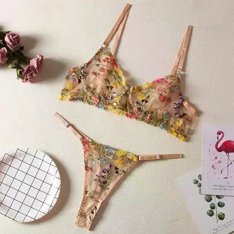 Floral Embroidery Lingerie Set Women Sheer 2 - Piece Boho Bra + Panty Underwear Set Intimates - The Lady's Haven