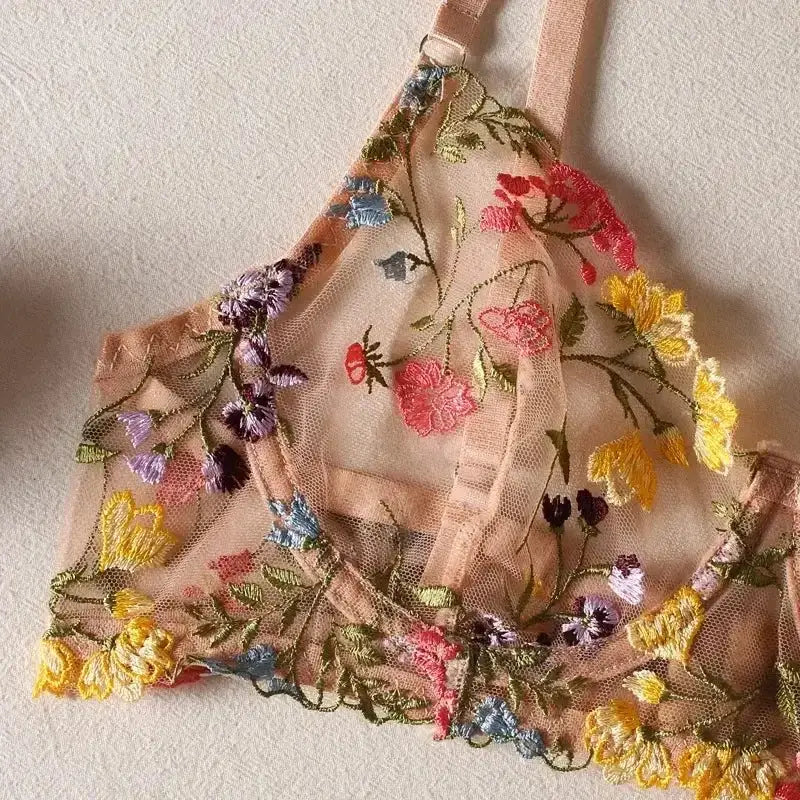 Floral Embroidery Lingerie Set Women Sheer 2 - Piece Boho Bra + Panty Underwear Set Intimates - The Lady's Haven