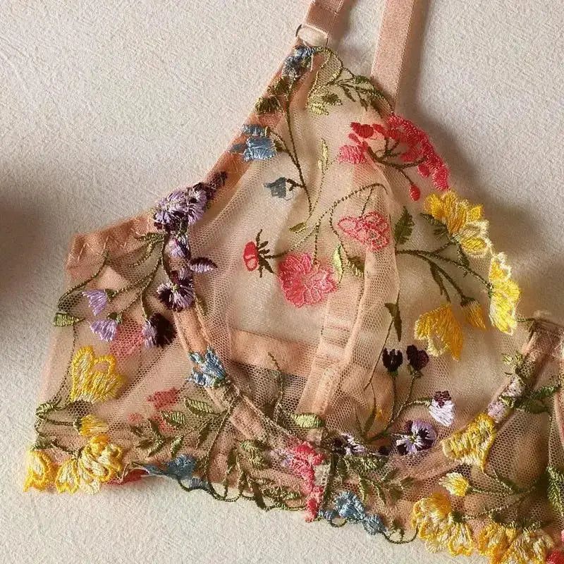 Floral Embroidery Lingerie Set Women Sheer 2 - Piece Boho Bra + Panty Underwear Set Intimates - The Lady's Haven