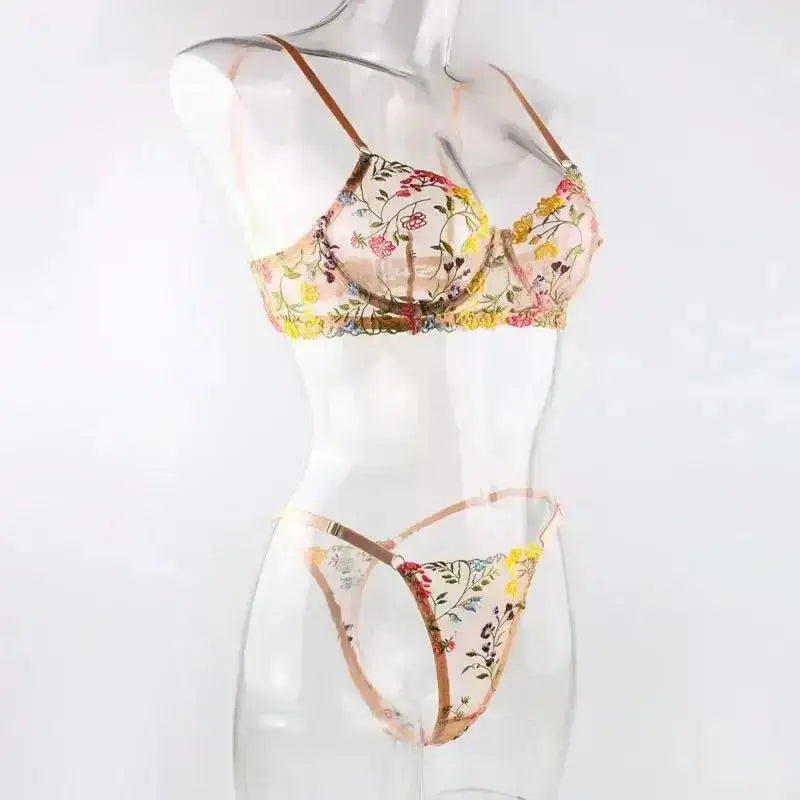 Floral Embroidery Lingerie Set Women Sheer 2 - Piece Boho Bra + Panty Underwear Set Intimates - The Lady's Haven