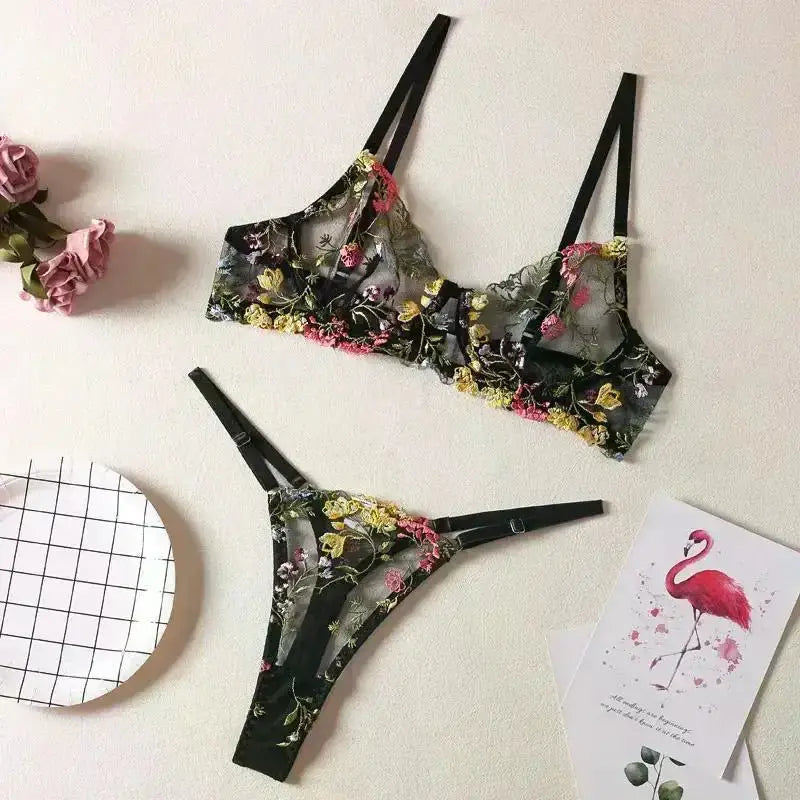 Floral Embroidery Lingerie Set Women Sheer 2 - Piece Boho Bra + Panty Underwear Set Intimates - The Lady's Haven