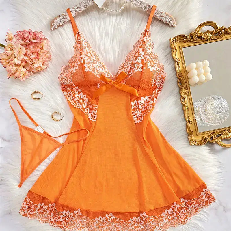 Lace Tulle Nightgown Transparent Homewear Red Sexy Clothing Night Dress V-Neck Delicate Bra Erotic Set With Thong Plus