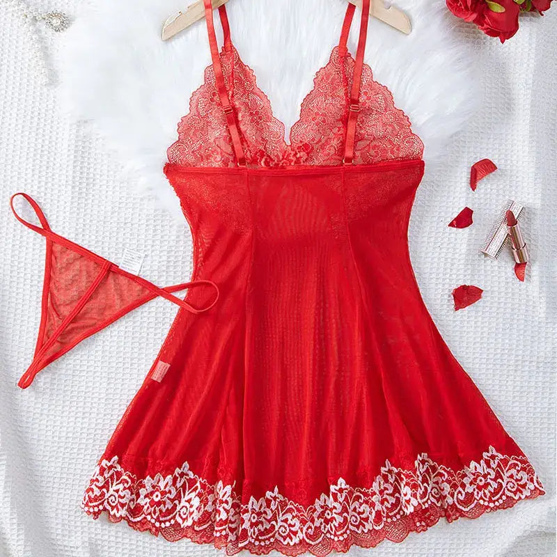 Lace Tulle Nightgown Transparent Homewear Red Sexy Clothing Night Dress V-Neck Delicate Bra Erotic Set With Thong Plus