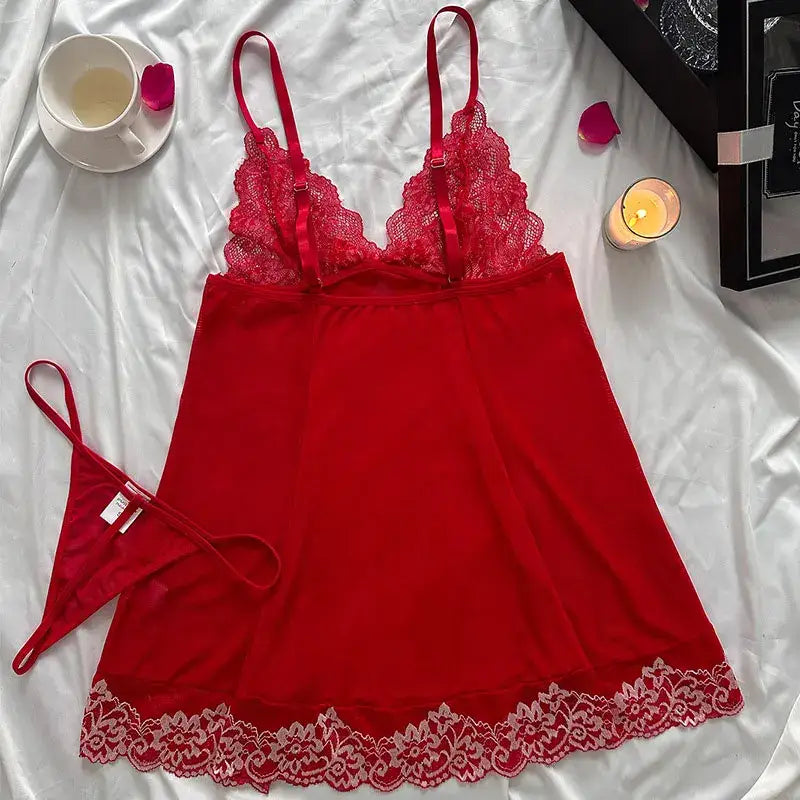 Lace Tulle Nightgown Transparent Homewear Red Sexy Clothing Night Dress V-Neck Delicate Bra Erotic Set With Thong Plus