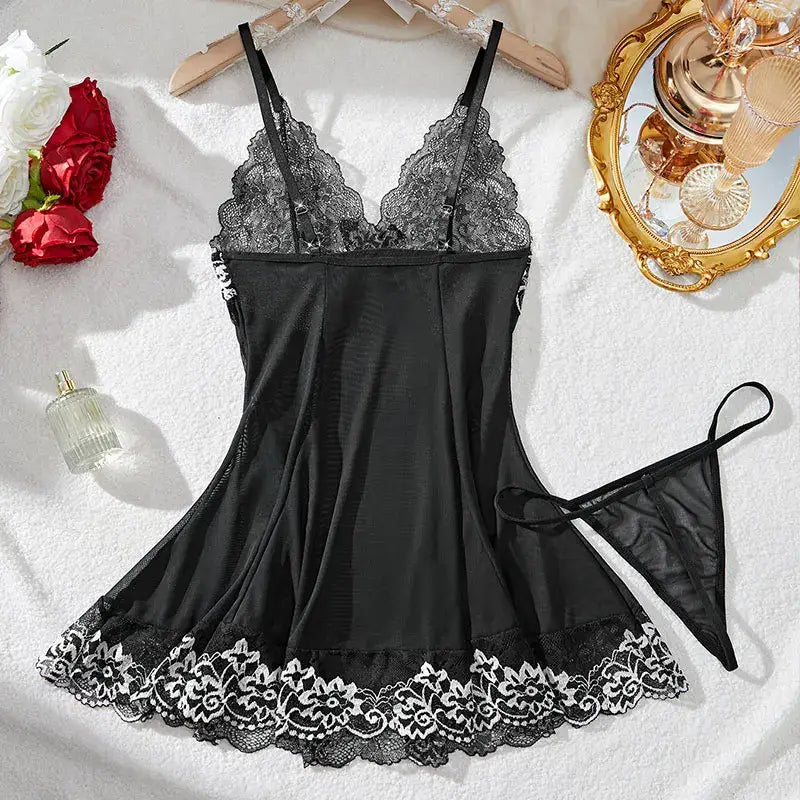 Lace Tulle Nightgown Transparent Homewear Red Sexy Clothing Night Dress V-Neck Delicate Bra Erotic Set With Thong Plus
