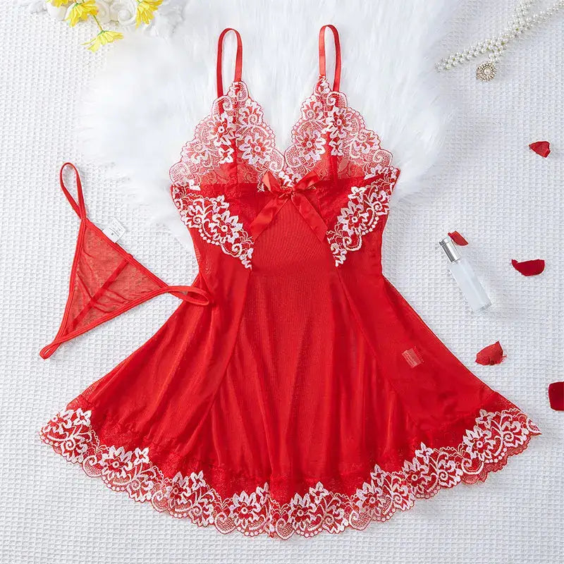 Lace Tulle Nightgown Transparent Homewear Red Sexy Clothing Night Dress V-Neck Delicate Bra Erotic Set With Thong Plus