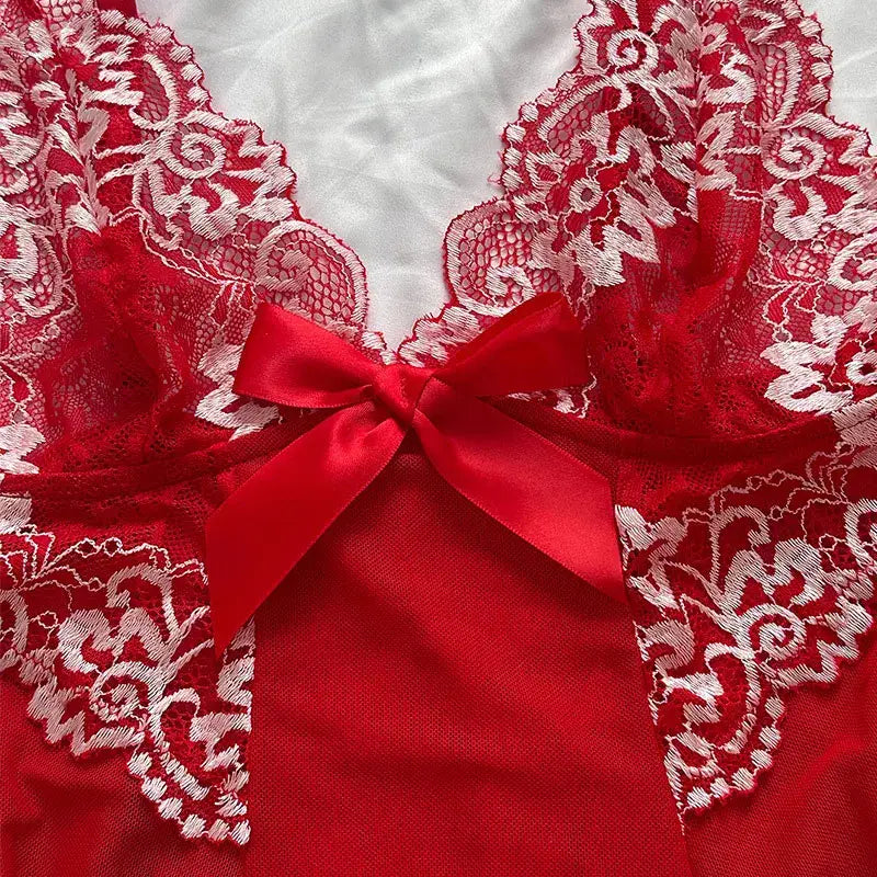 Lace Tulle Nightgown Transparent Homewear Red Sexy Clothing Night Dress V-Neck Delicate Bra Erotic Set With Thong Plus