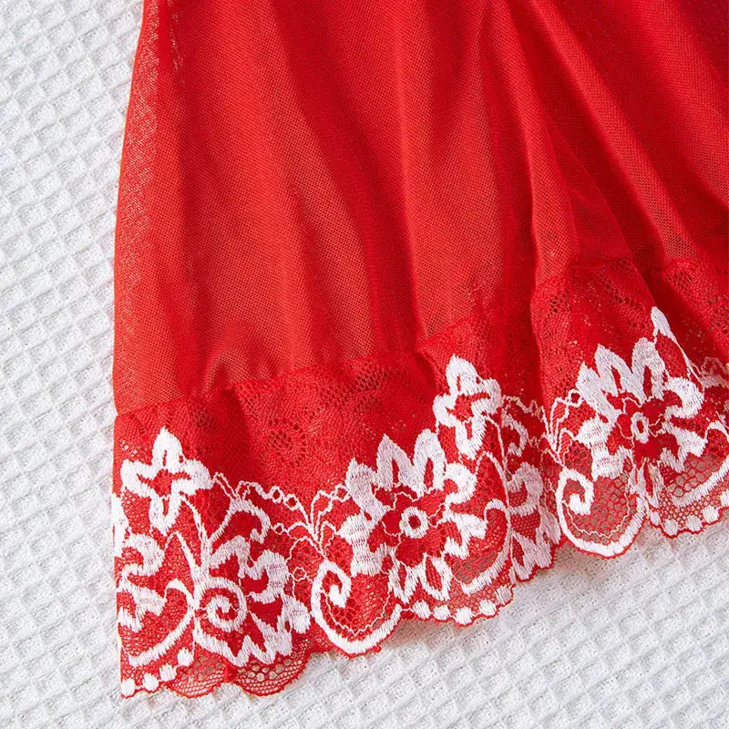 Lace Tulle Nightgown Transparent Homewear Red Sexy Clothing Night Dress V-Neck Delicate Bra Erotic Set With Thong Plus