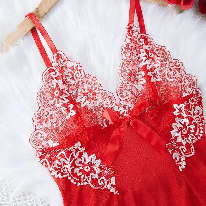 Lace Tulle Nightgown Transparent Homewear Red Sexy Clothing Night Dress V-Neck Delicate Bra Erotic Set With Thong Plus