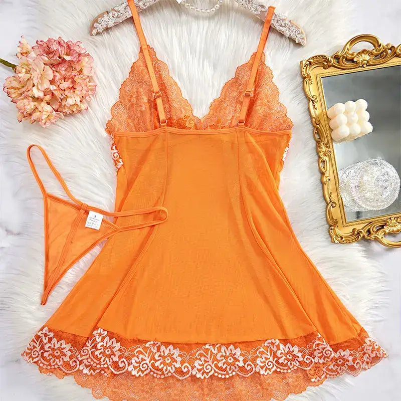 Lace Tulle Nightgown Transparent Homewear Red Sexy Clothing Night Dress V-Neck Delicate Bra Erotic Set With Thong Plus