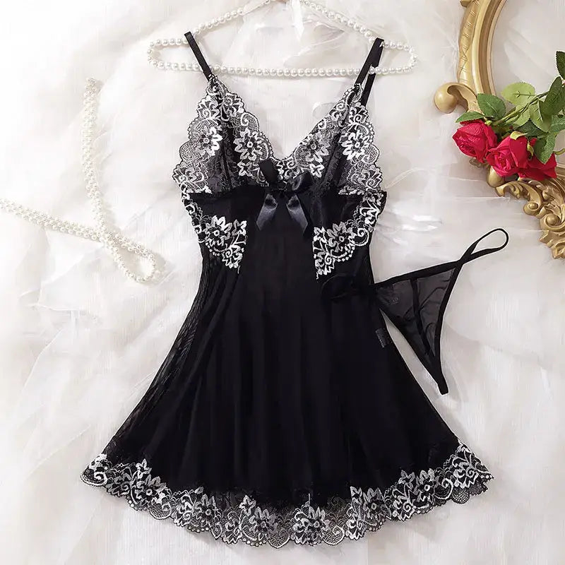 Lace Tulle Nightgown Transparent Homewear Red Sexy Clothing Night Dress V-Neck Delicate Bra Erotic Set With Thong Plus