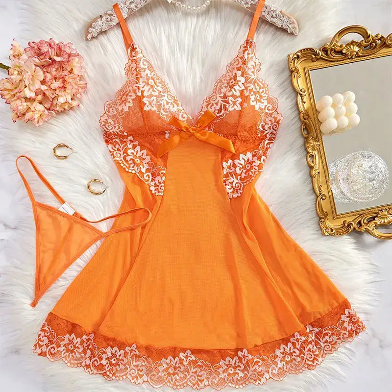 Lace Tulle Nightgown Transparent Homewear Red Sexy Clothing Night Dress V-Neck Delicate Bra Erotic Set With Thong Plus