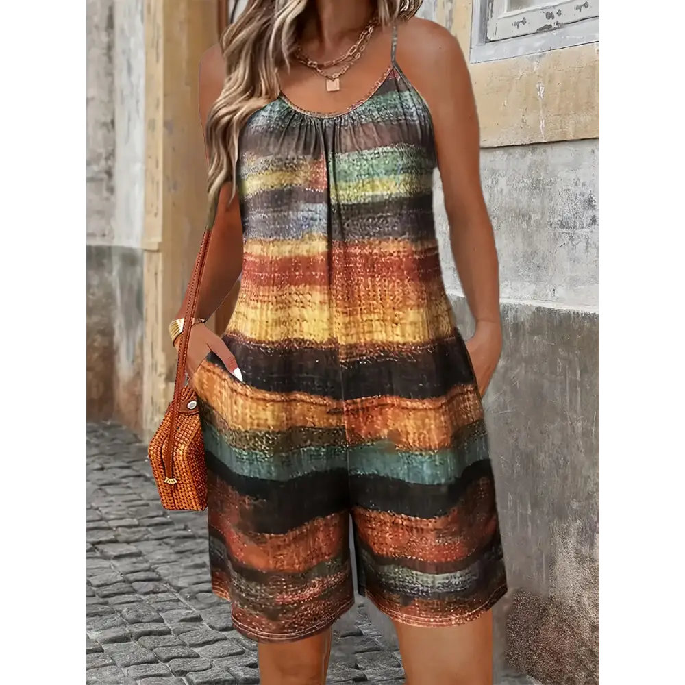 Stylish Summer Women's Jumpsuit Striped Print Elegant Sleeveless Shorts Plus Size Romper Casual Fashion for warm days.