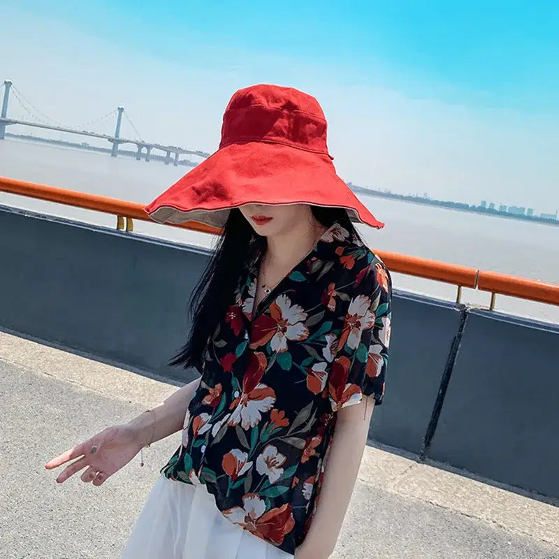 Wide Brim UPF 50 + Sun Hat Women Anti-UV Protection Hiking Fisherman Cap Fold Summer Solid Beach Hat 2024 Double sided