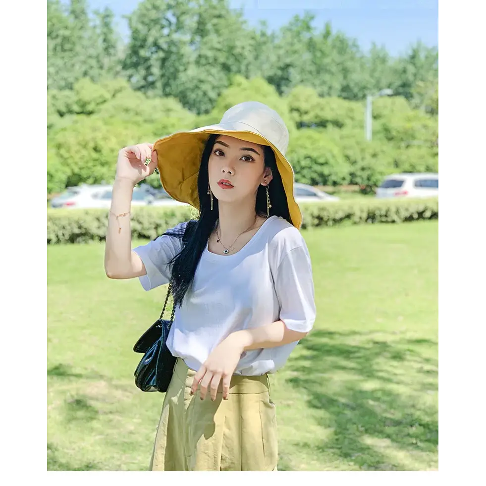 Wide Brim UPF 50 + Sun Hat Women Anti-UV Protection Hiking Fisherman Cap Fold Summer Solid Beach Hat 2024 Double sided