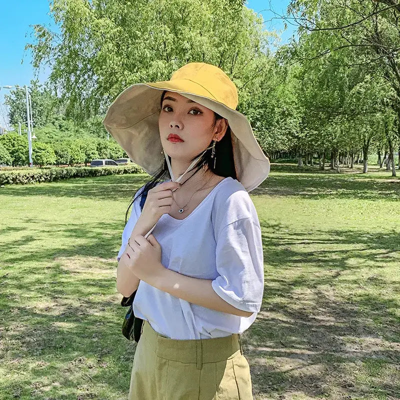 Wide Brim UPF 50 + Sun Hat Women Anti-UV Protection Hiking Fisherman Cap Fold Summer Solid Beach Hat 2024 Double sided