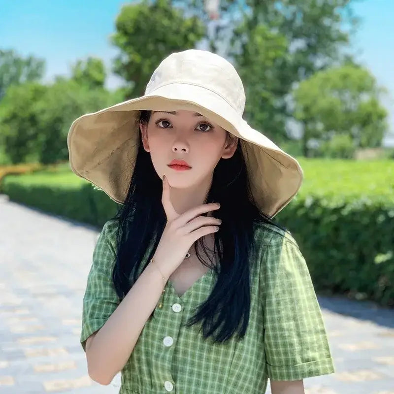 Wide Brim UPF 50 + Sun Hat Women Anti-UV Protection Hiking Fisherman Cap Fold Summer Solid Beach Hat 2024 Double sided